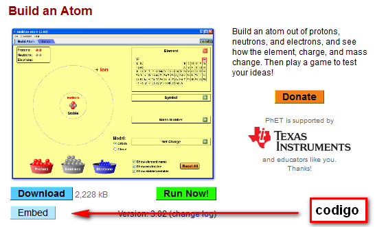 Página de la simulación del PHET